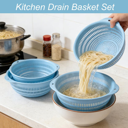 Washing basket, round perforated strainer, washing vegetables and fruits, draining cooked noodles with handle, kitchen food filter basket, plastic filter basket, cooking (3PCS blue)