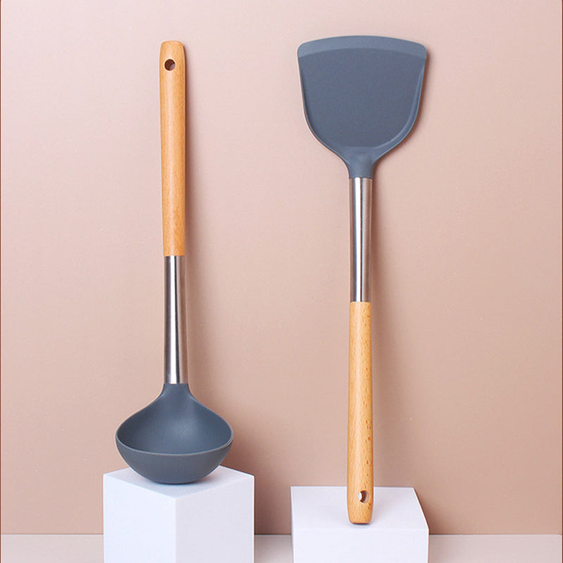 1pc of Cooking Utensil, Wooden Handle Stainless Steel Silicone Frying Pan - Long Handle, Non-stick, Heat-resistant, Easy to Clean, Specialized Utensil for Non-stick Pans, Kitchen Cooking Tool, Specialized Kitchen Tool, Household Cooking Utensil