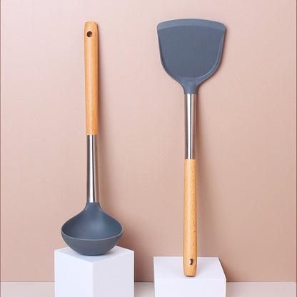 1pc of Cooking Utensil, Wooden Handle Stainless Steel Silicone Frying Pan - Long Handle, Non-stick, Heat-resistant, Easy to Clean, Specialized Utensil for Non-stick Pans, Kitchen Cooking Tool, Specialized Kitchen Tool, Household Cooking Utensil