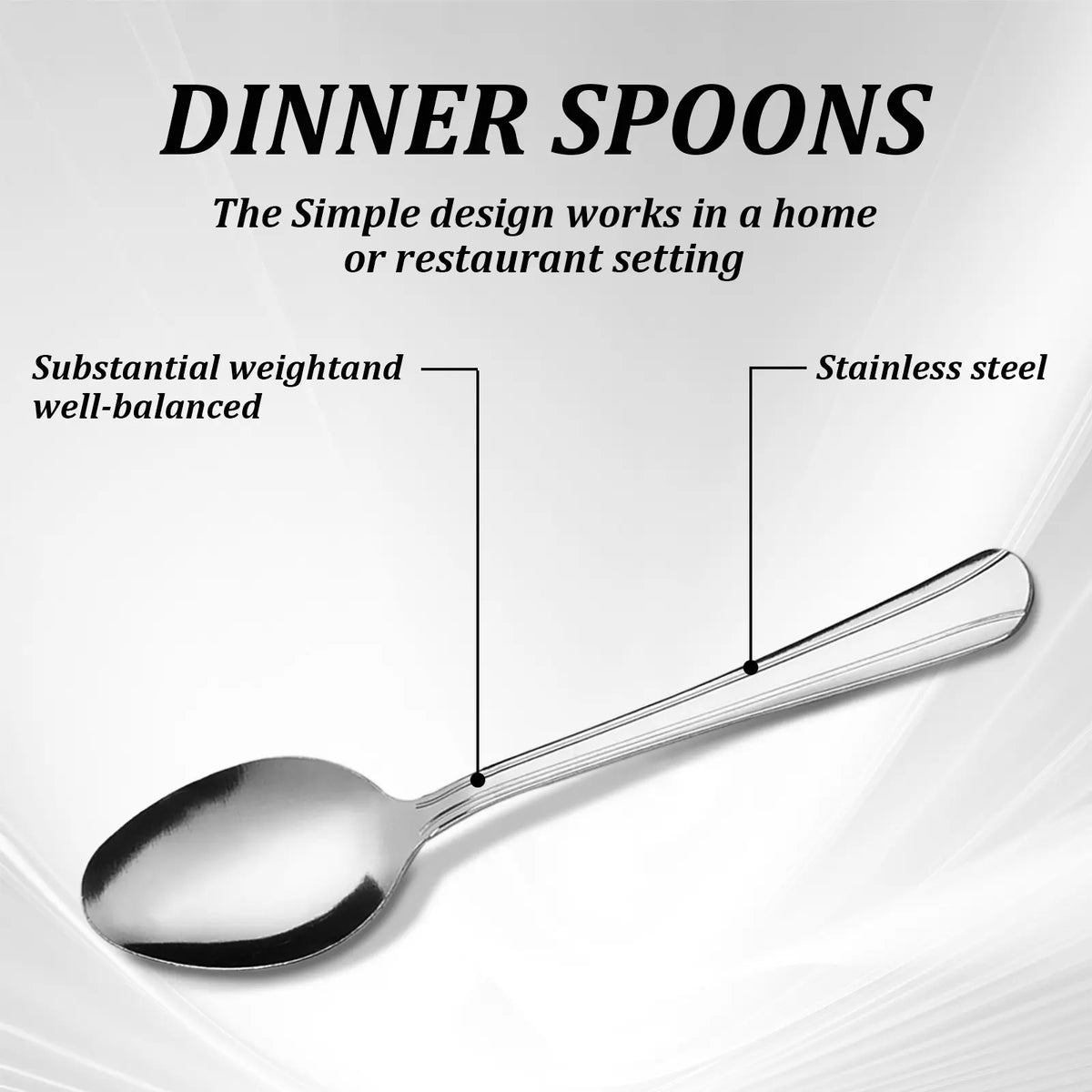 60-Piece Dominion Silver Dinner Spoons Set - Mirror-Shine, Mirror-Polished Stainless Steel, Wear-Resistant, Solid Finish, Dishwasher Safe Cutlery for Halloween, Parties, Special Events, Restaurant Use, Silver Spoons