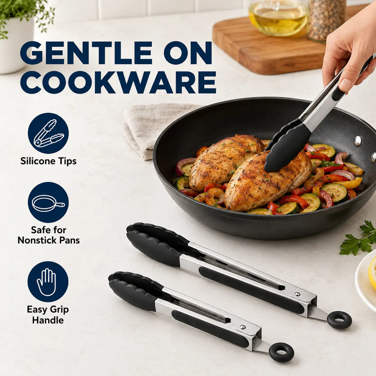 3Pcs Kitchen Tongs Set, 7/9/12 Inch Stainless Steel Cooking Tongs with Silicone Tips, Locking Food Tongs for Grilling, BBQ, Salad & Serving