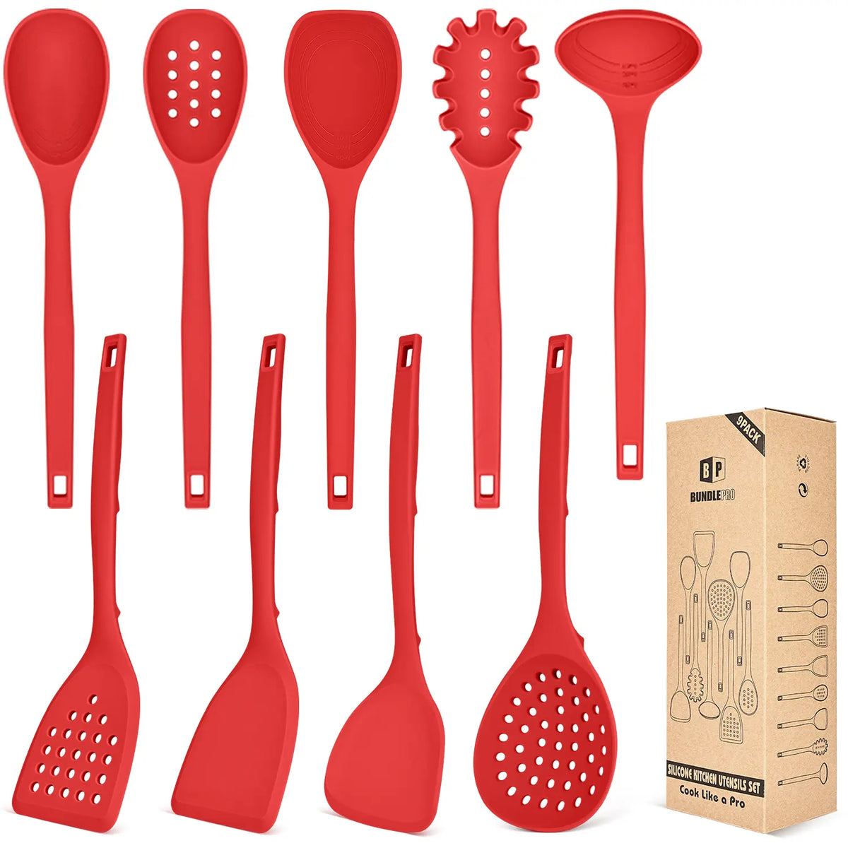BUNDLEPRO 9-Piece Silicone Cooking Set - Heat Resistant, BPA Free Kitchen Utensils Gadgets with Hanging Back Hooks, Ladle, Spatulas, Spoons, Skimmer, Stirring Tools, Pasta Fork for Non-Stick Cookware