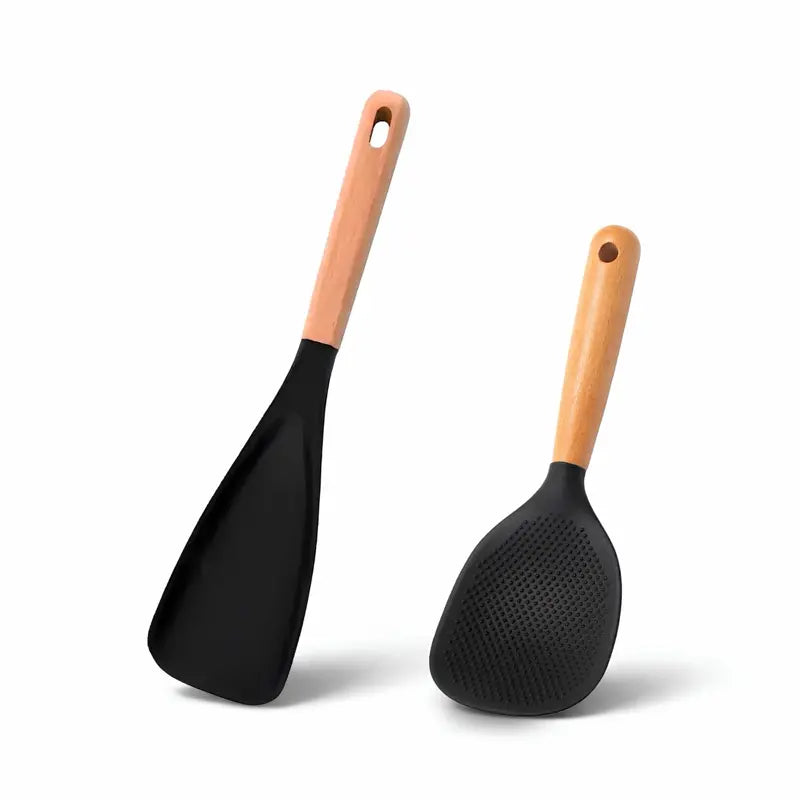 2pc Silicone Spatula Spoon Set with Wood Handle - Heat Resistant Non-Stick Cooking Utensils for Mixing, Draining, Stir Fry, Baking,