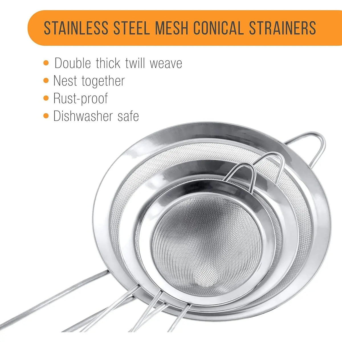 Thick 3-Piece Cone-Shaped Stainless Steel Strainer Set (3in/4in/5.5in) - Fine Mesh, Handled Kitchen Gadgets, Sturdy Colander for Straining Vegetables/Pastas, Dishwasher Safe Kitchen Utensils