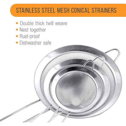 Thick 3-Piece Cone-Shaped Stainless Steel Strainer Set (3in/4in/5.5in) - Fine Mesh, Handled Kitchen Gadgets, Sturdy Colander for Straining Vegetables/Pastas, Dishwasher Safe Kitchen Utensils