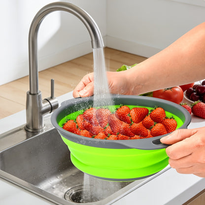 1/2 Set of Round Kitchen Draining Baskets, Foldable Funnel - Includes One Large And One Small, Perfect for Draining Pasta, Vegetables, And Fruits (Green, Red, Blue)
