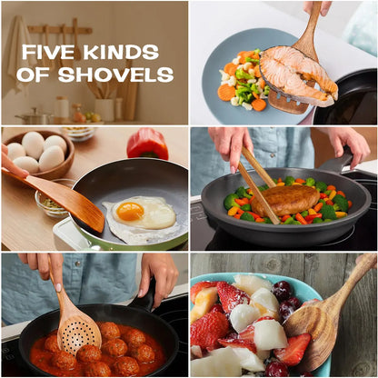 5pcs High-Quality Wooden Cooking Tools Set - Ergonomic Secure Wood Grip, Heat-Resistant Smooth Non-Stick Spatula & Ladle, Food-Grade, Quick Rinse Clean, Durable Kitchen Utensils for Daily Meal Prep, Holiday Gift Ready, Wooden Spoon Set, Durable For Daily