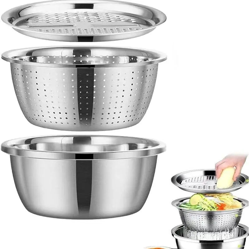 【Homeessentials】 Multifunctional cutting machine,3-In-1 Stainless Steel Multi-Functional Strainer Set, Includes Basin/sieve/cutter, Ideal for Washing Rice Fruits Vegetables Kitchen Essentials.,sohochic