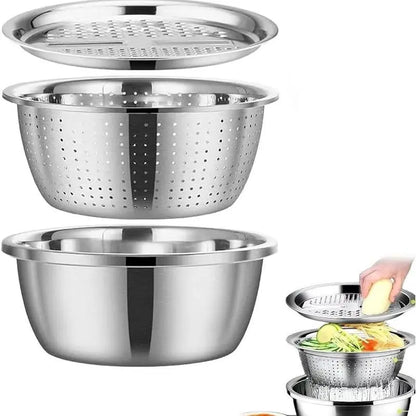 【Homeessentials】 Multifunctional cutting machine,3-In-1 Stainless Steel Multi-Functional Strainer Set, Includes Basin/sieve/cutter, Ideal for Washing Rice Fruits Vegetables Kitchen Essentials.,sohochic