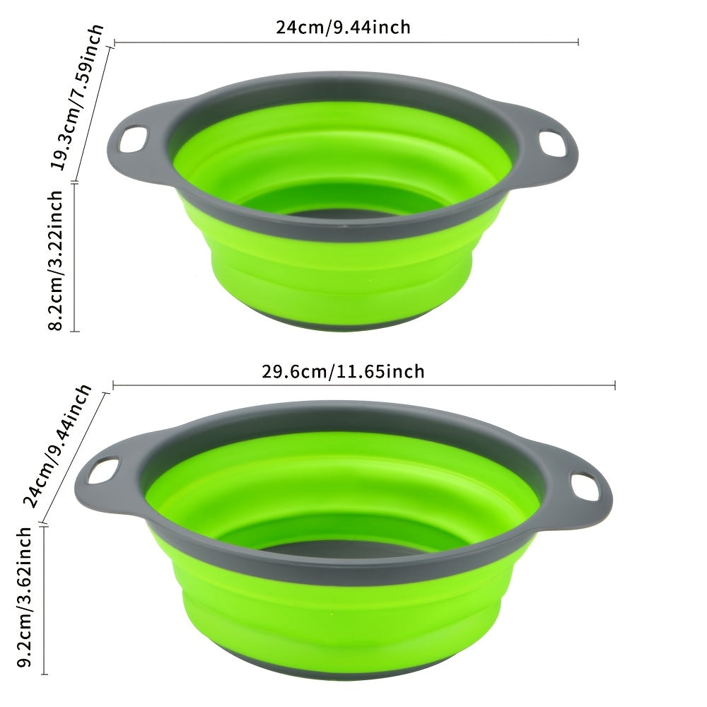 1/2 Set of Round Kitchen Draining Baskets, Foldable Funnel - Includes One Large And One Small, Perfect for Draining Pasta, Vegetables, And Fruits (Green, Red, Blue)