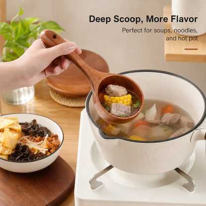 2-Count Solid Wood Soup Ladle Kitchen Utensil Set, Cooking Tool Spoon with Smooth Surface, Natural Grain, Large Deep Bowl & Hanging Hole for Noodles, Daily Dining Use