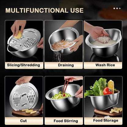 304 Stainless Steel Kitchen Basket - 4 in 1 Flat Grater, Sturdy Washing Basin Filter, Draining Colander with Side Drainer, Pasta Sieve, Utensils Holder (10.5"d x 5.5"h, Holes for Efficient Cleaning) with Adhesive Hook, Cheese Slicer, Easy to Store