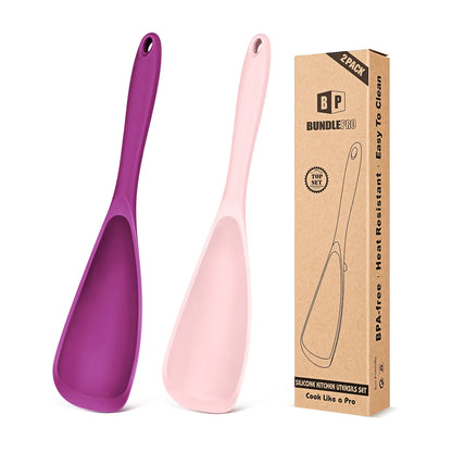 BundlePro Silicone Cooking Spoons 2-Pack - Anti-Adhesive Spatulas & Turners for Nonstick Cookware, BPA-Free Food Grade, Heat Resistant Handles Up to 446°F with Confidence, Top Stays Clean Mixing Kitchen Utensils Set