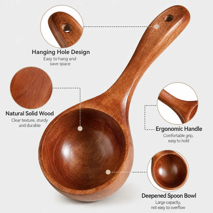 2-Count Solid Wood Soup Ladle Kitchen Utensil Set, Cooking Tool Spoon with Smooth Surface, Natural Grain, Large Deep Bowl & Hanging Hole for Noodles, Daily Dining Use