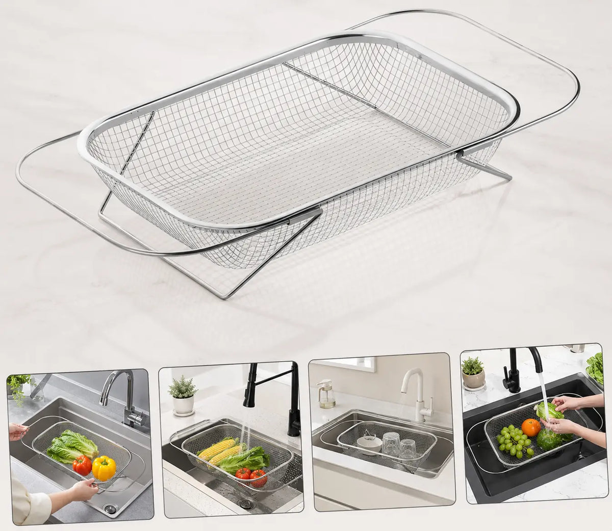 Stainless Steel Expandable Over-The-Sink Colander, Fine Mesh Rectangle Strainer Basket with Handles, Silver Kitchen Essential Utensil