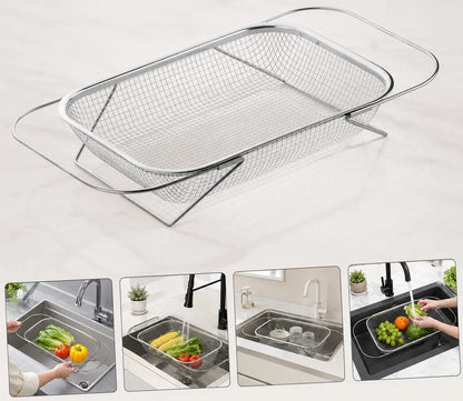 Stainless Steel Expandable Over-The-Sink Colander, Fine Mesh Rectangle Strainer Basket with Handles, Silver Kitchen Essential Utensil