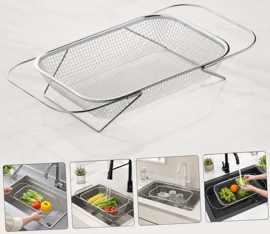 Stainless Steel Expandable Over-The-Sink Colander, Fine Mesh Rectangle Strainer Basket with Handles, Silver Kitchen Essential Utensil