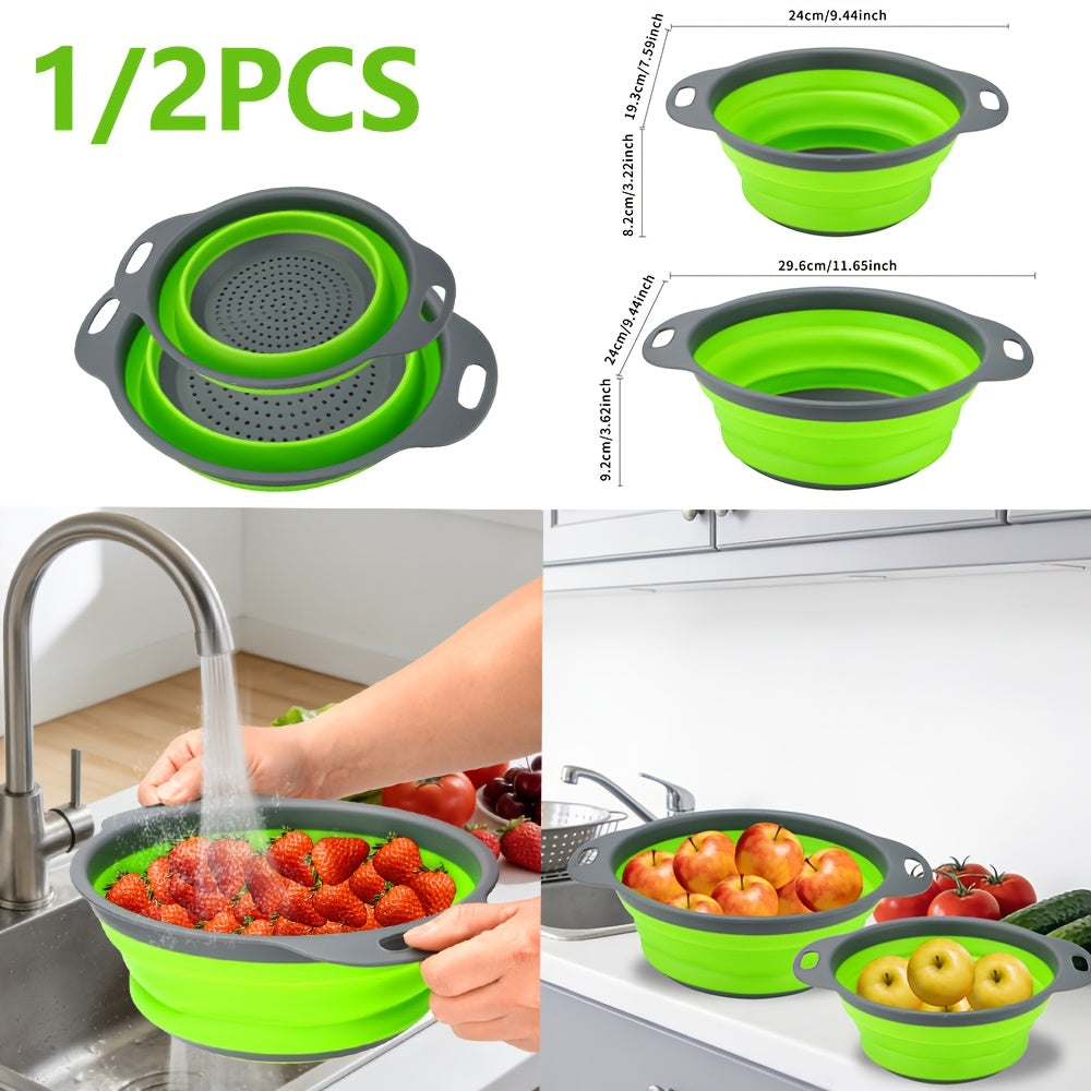 1/2 Set of Round Kitchen Draining Baskets, Foldable Funnel - Includes One Large And One Small, Perfect for Draining Pasta, Vegetables, And Fruits (Green, Red, Blue)