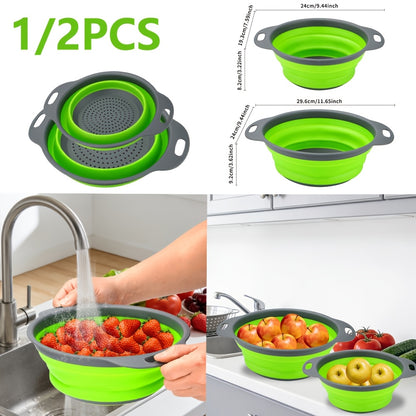 1/2 Set of Round Kitchen Draining Baskets, Foldable Funnel - Includes One Large And One Small, Perfect for Draining Pasta, Vegetables, And Fruits (Green, Red, Blue)