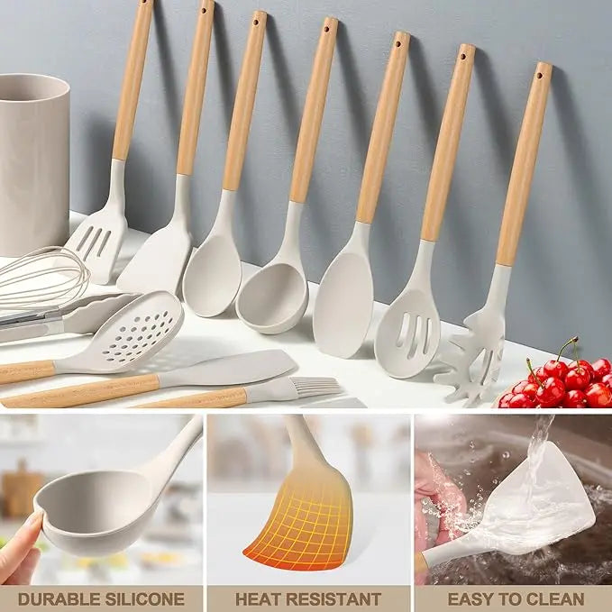 12-piece/44-piece Non-Stick Food Grade Silicone Kitchen Utensil Set with Wood Handle Black, Flexible Head, Easy Hanging Hole, Safe, Easy to Clean, Hand Wash, Kitchen Gadgets for Mixing, Cooking, Ideal Gift