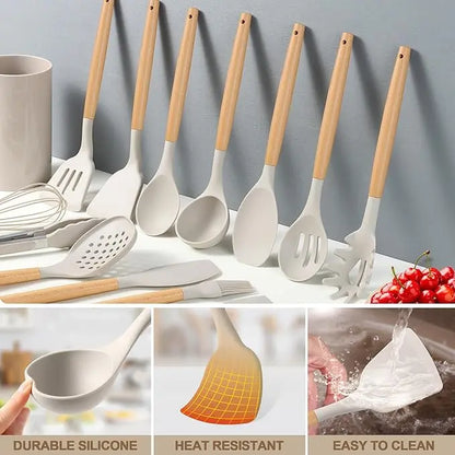 12-piece/44-piece Non-Stick Food Grade Silicone Kitchen Utensil Set with Wood Handle Black, Flexible Head, Easy Hanging Hole, Safe, Easy to Clean, Hand Wash, Kitchen Gadgets for Mixing, Cooking, Ideal Gift