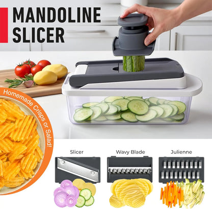 10-in-1 Vegetable Chopper & Mandoline Slicer, 8-Blade Food Chopper with Container, Onion Cutter, Slicer, Grater & Shredder for Kitchen Food Prep