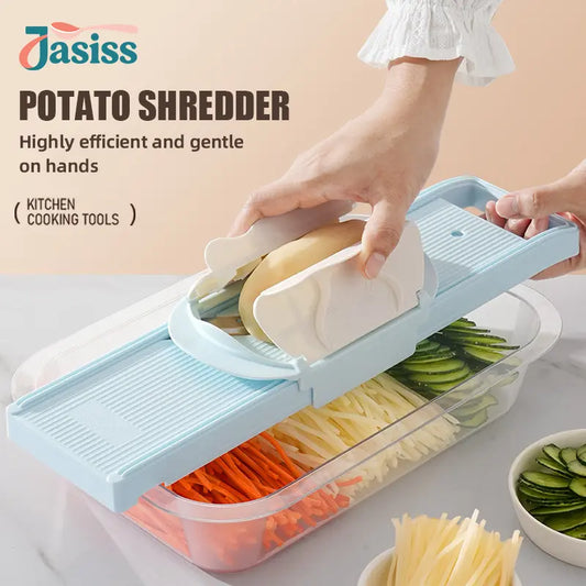 2-in-1 Multi-Function Handheld Slicer and Shredder, suitable for various vegetables and meats. Features two adjustable blades, easy to clean, ideal for both home and commercial use.,sohochic