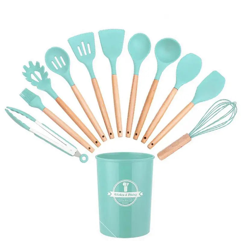 Silicone Kitchen Utensils Set, 12-Piece Non-Stick Cooking Gadgets with Beech Wooden Handle, Spatula Set for Home Use #GLOBAL PICKS