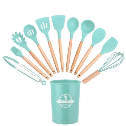 Silicone Kitchen Utensils Set, 12-Piece Non-Stick Cooking Gadgets with Beech Wooden Handle, Spatula Set for Home Use #GLOBAL PICKS