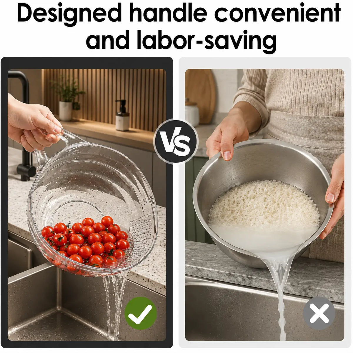 Aesthetic Multifunctional Rice Strainer Basket with Handle - Sturdy BPA-Free Transparent Plastic Kitchen Utensil, Colander for Draining Vegetables, Fruits