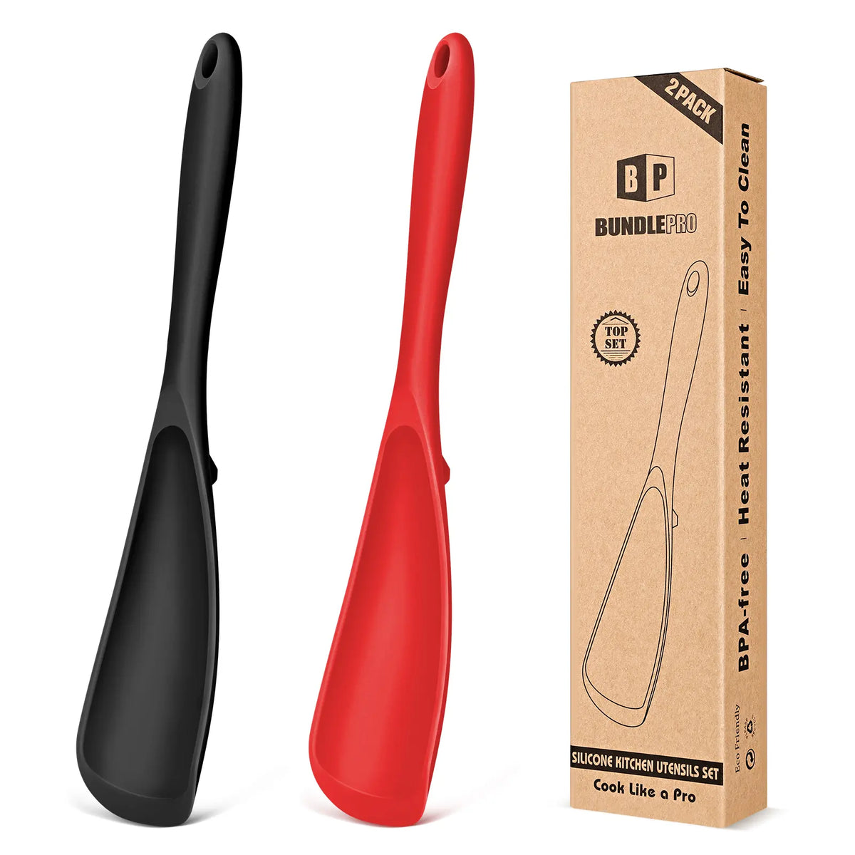 BundlePro Silicone Cooking Spoons 2-Pack - Anti-Adhesive Spatulas & Turners for Nonstick Cookware, BPA-Free Food Grade, Heat Resistant Handles Up to 446°F with Confidence, Top Stays Clean Mixing Kitchen Utensils Set