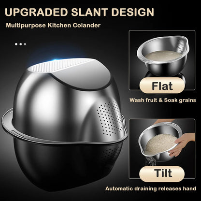 304 Stainless Steel Kitchen Basket - 4 in 1 Flat Grater, Sturdy Washing Basin Filter, Draining Colander with Side Drainer, Pasta Sieve, Utensils Holder (10.5"d x 5.5"h, Holes for Efficient Cleaning) with Adhesive Hook, Cheese Slicer, Easy to Store