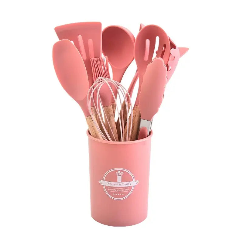 Silicone Kitchen Utensils Set, 12-Piece Non-Stick Cooking Gadgets with Beech Wooden Handle, Spatula Set for Home Use #GLOBAL PICKS