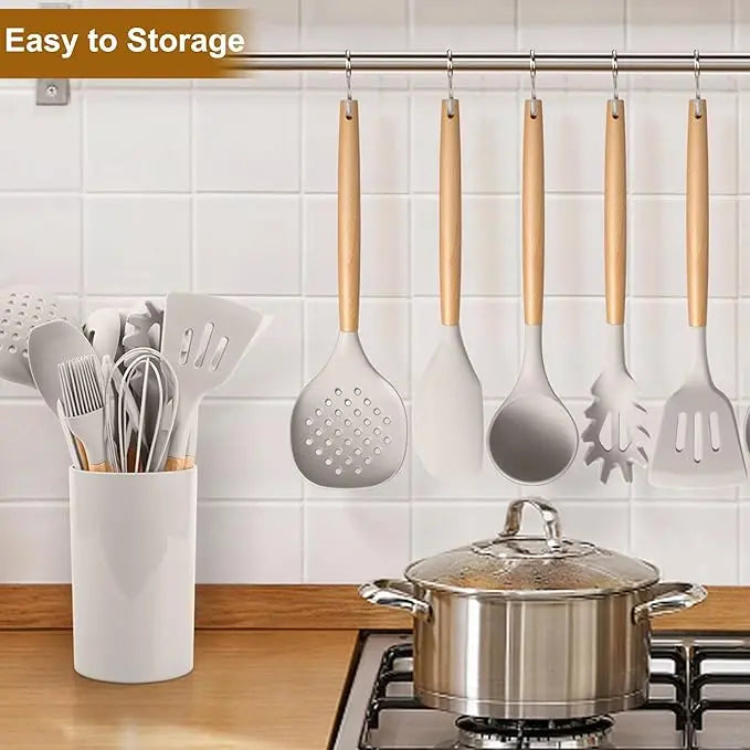 12-piece/44-piece Non-Stick Food Grade Silicone Kitchen Utensil Set with Wood Handle Black, Flexible Head, Easy Hanging Hole, Safe, Easy to Clean, Hand Wash, Kitchen Gadgets for Mixing, Cooking, Ideal Gift