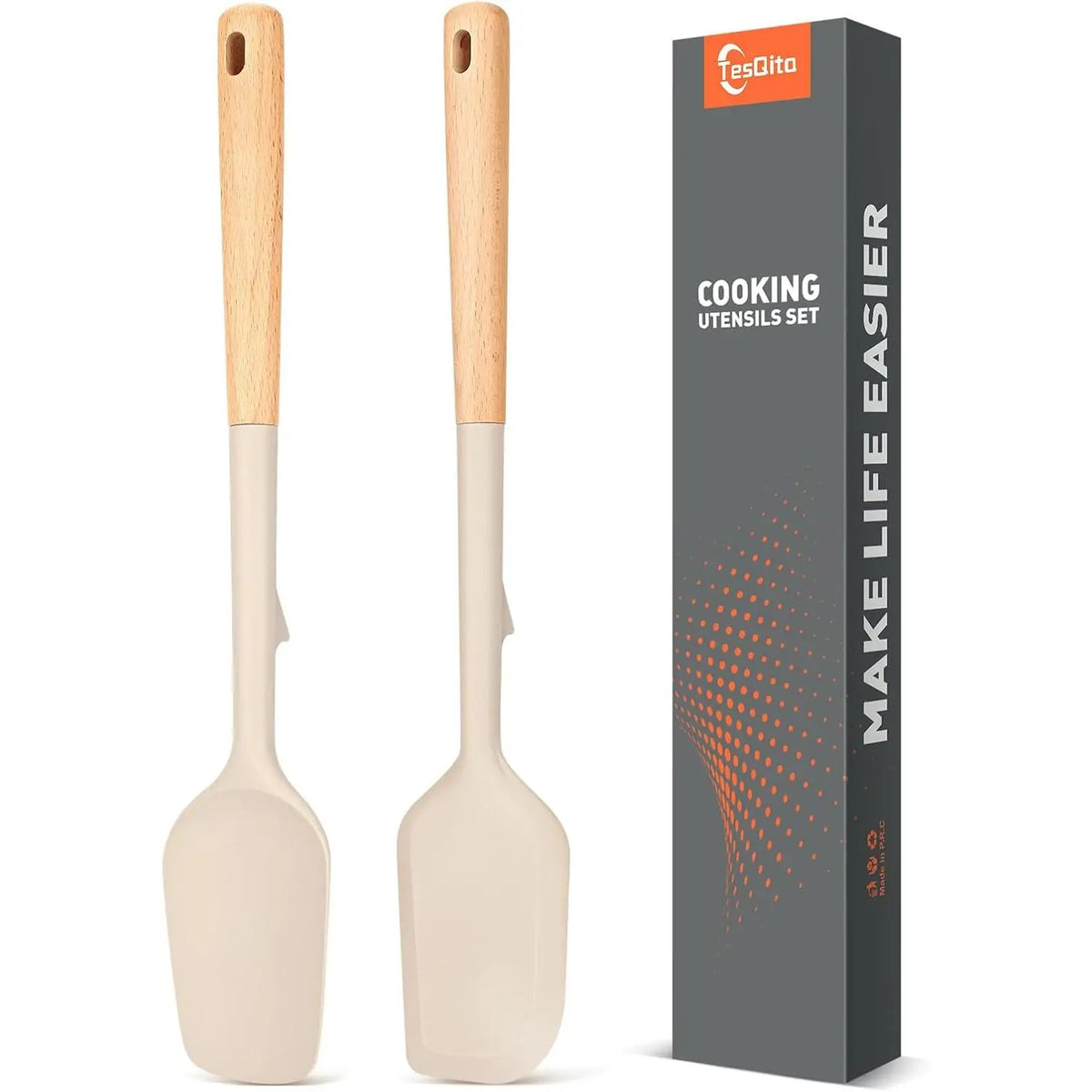 14" Food Grade BPA-Free Silicone Spatula Scrapers with Long Wood Handle - Heat Resistant, Durable Hanging Cooking Utensil Spoons for Daily Cooking, Nonstick Cookware Safe Baking Tools, Pack of 2 (Khaki), Holes, With Handle