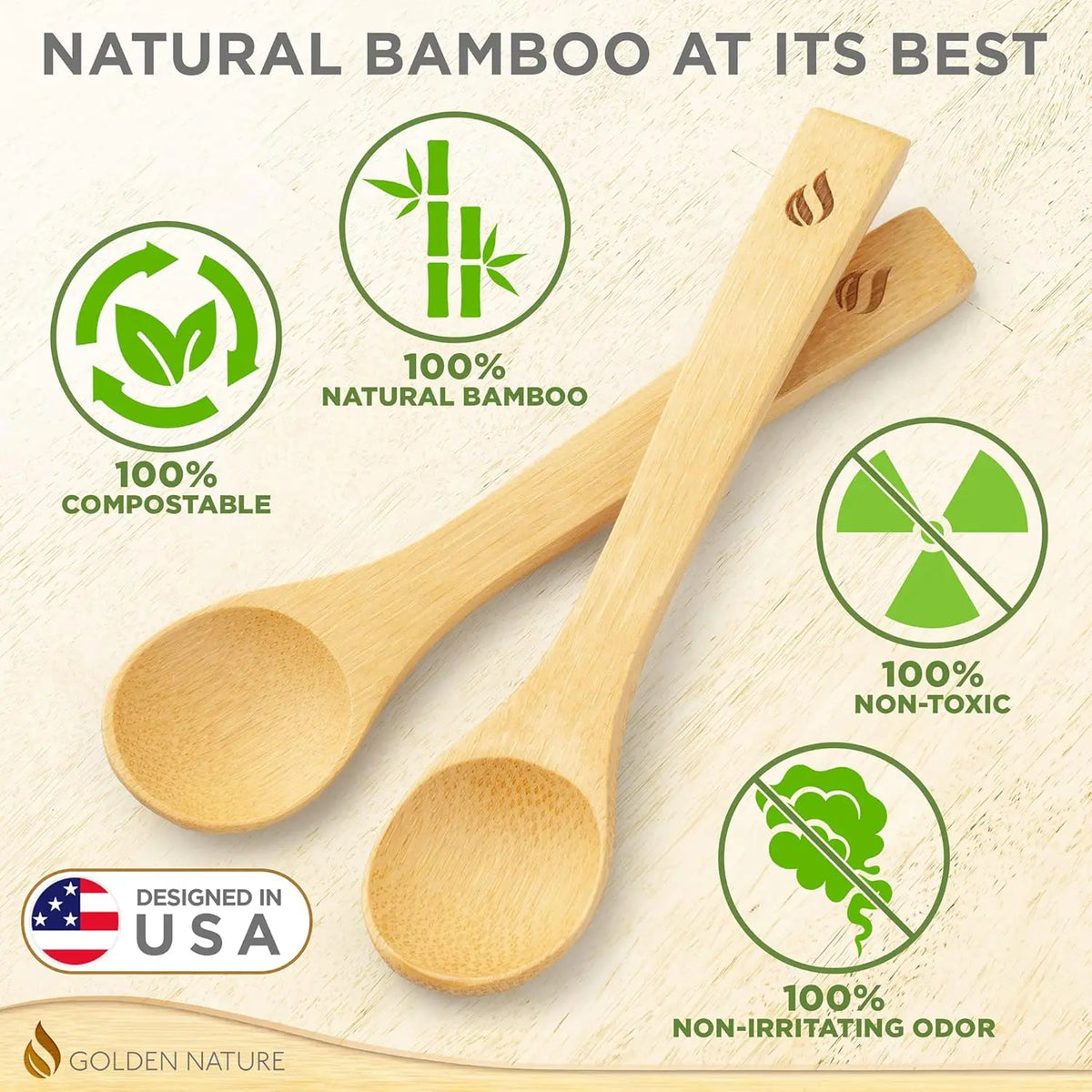 Golden Nature 30-Piece Bamboo Wooden Spoon Set - Mini Scoop, Rounded Handle, Flatware Style Stirring Spoons for Sugar, Coffee, Dessert - Lightweight Kitchen Cutlery Utensils