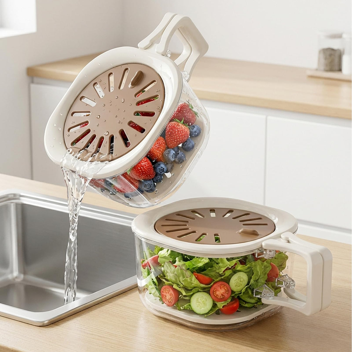 Colander Strainer Fridge Organizer Storage Container with Switchable Lid, Fruit Veggie Wash Basket and Draining Bowl, Single Vegetable Keeper Bin for Refrigerator