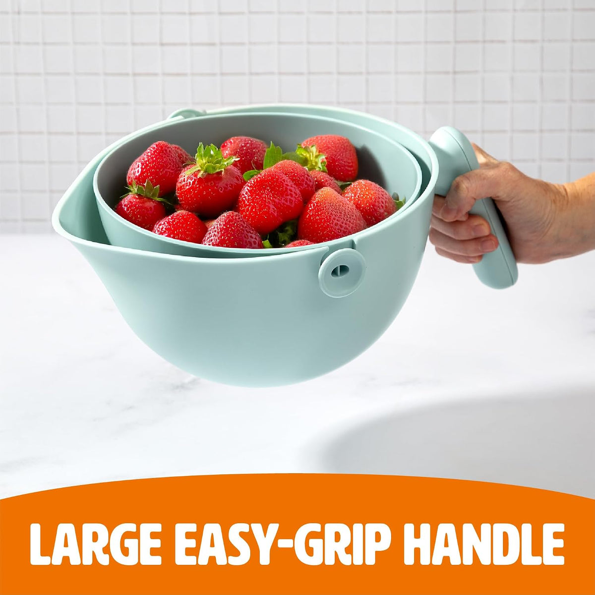 Tasty 2-in-1 Swing Bowl Colander, Built-In Strainer Basket with Handle, Kitchen Hack for Rinsing and Draining for Fruits, Vegetables, and Pasta, 2.1-Quart Bowl + 1.9-Quart Strainer, Aqua