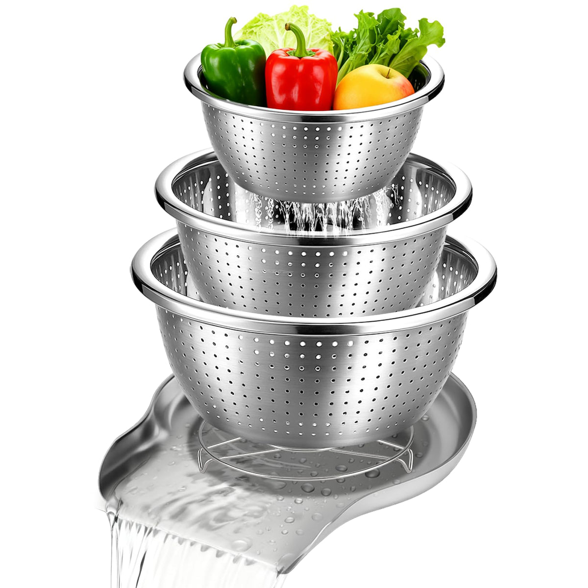 Palksky Stainless Steel Colander Set with Self-Draining Base, 3 Sizes Colanders & Food Strainers for Pasta, Rice, Fruits & Veggies, Metal Colander with Draining Plate for Sink or Countertop