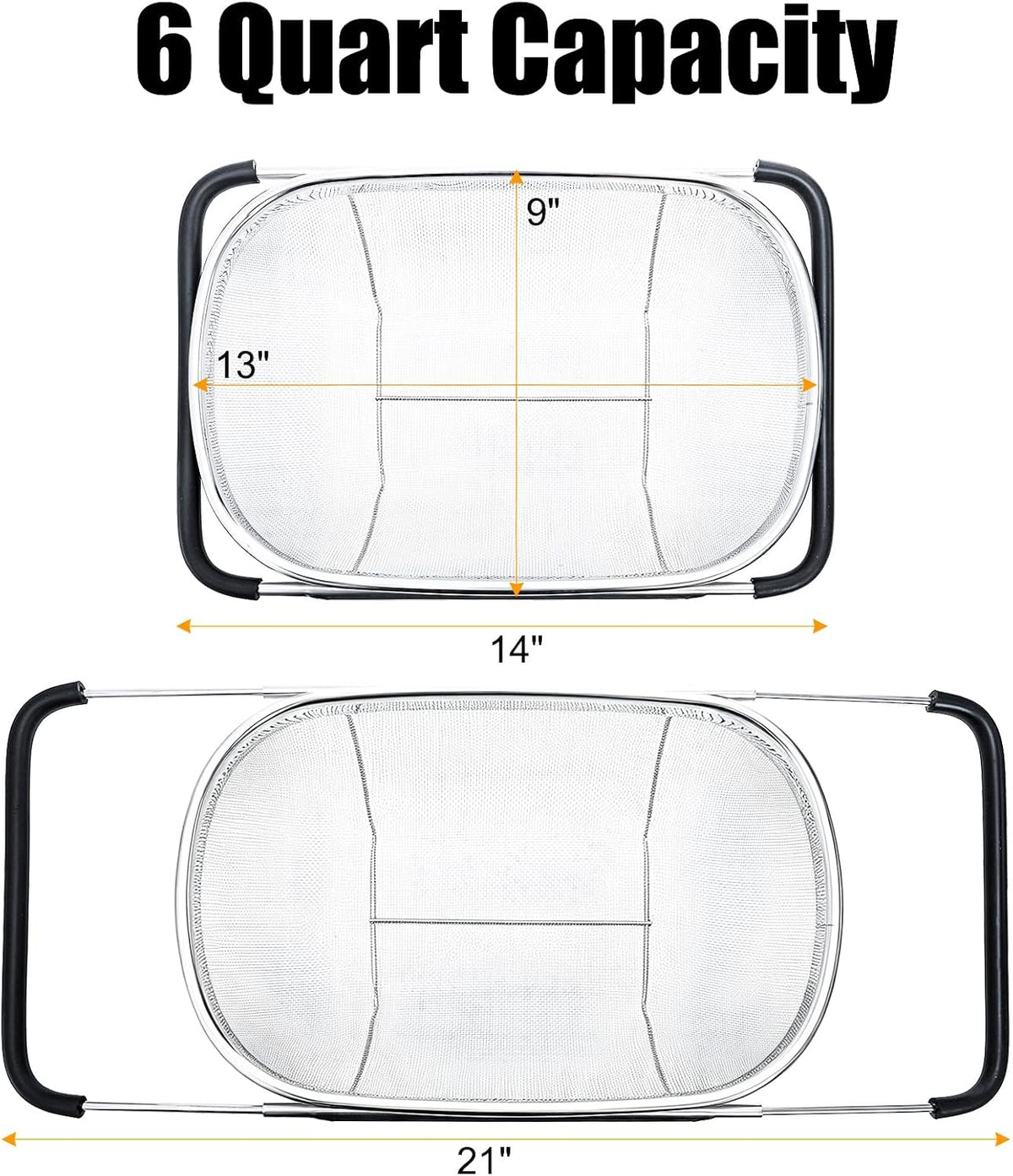 2 Pack Over the Sink Oval Colander for Kitchen, Stainless Steel Fine Mesh 6 Quart Strainer Basket with Expandable Rubber Grip Handles for Straining, Draining, Rinsing Fruits, Vegetables