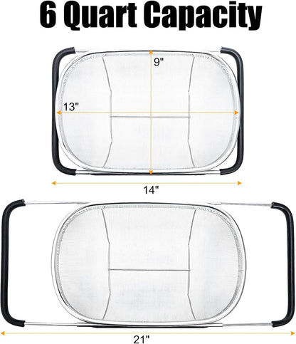 2 Pack Over the Sink Oval Colander for Kitchen, Stainless Steel Fine Mesh 6 Quart Strainer Basket with Expandable Rubber Grip Handles for Straining, Draining, Rinsing Fruits, Vegetables