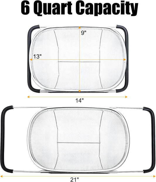 2 Pack Over the Sink Oval Colander for Kitchen, Stainless Steel Fine Mesh 6 Quart Strainer Basket with Expandable Rubber Grip Handles for Straining, Draining, Rinsing Fruits, Vegetables