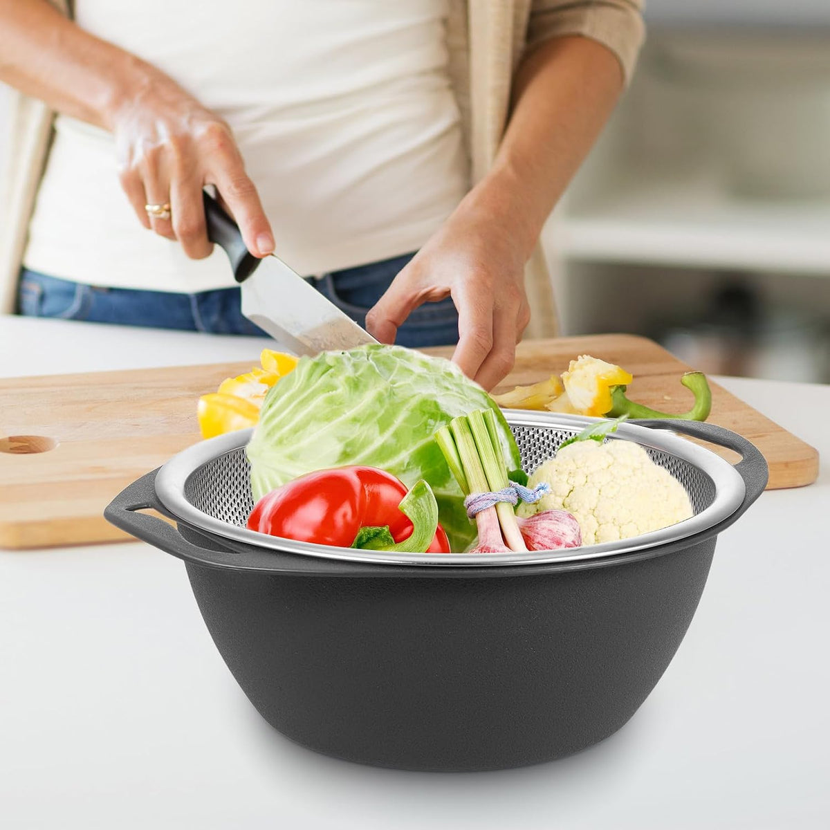 Heavy Duty Stainless Steel Colander Strainer Basket Large Multi-functional Kitchen Drain Basket for Washing Fruits Vegetables Rice with Fine Holes