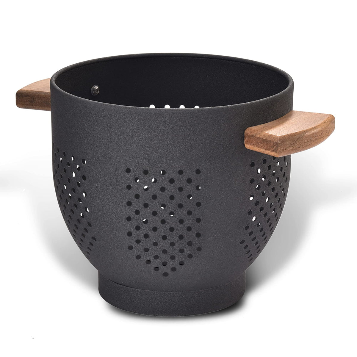 Metal Colander with Wood Handle and Stable Base, Powder Coated Steel Kitchen Strainer Basket for Draining Pasta, Vegetable and fruit(5.5quart,Matte Black)