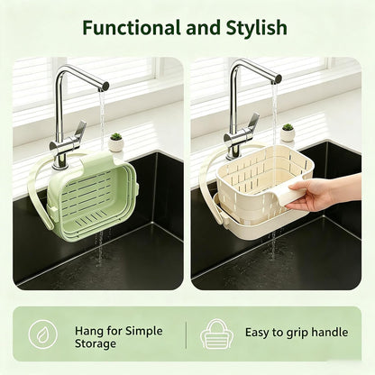 Foldable Hanging Sink Drain Basket, Stretchable Kitchen Colander with Handle, Space Saving Multi-functional Kitchen Storage Basket Draining for Food, Fruits, Vegetables, Utensils(White)