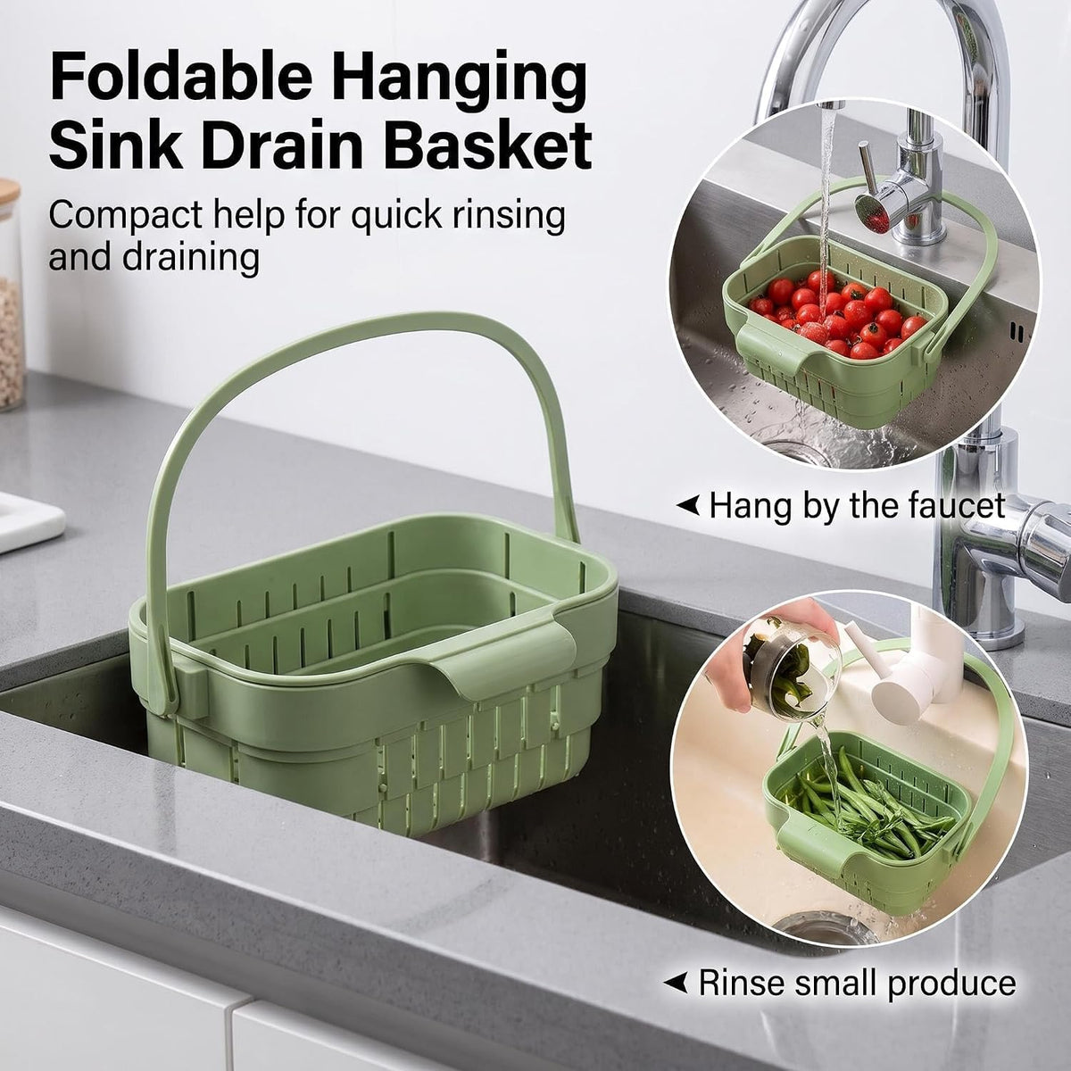 Foldable Hanging Sink Drain Basket – Stretchable Kitchen Colander with Flip Cover, Space-Saving Food Strainer & Multi-Functional Faucet Storage Rack, Draining for Fruits, Vegetables, Utensils (Green)