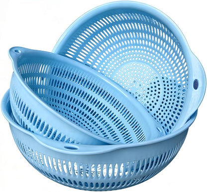 Washing basket, round perforated strainer, washing vegetables and fruits, draining cooked noodles with handle, kitchen food filter basket, plastic filter basket, cooking (3PCS blue)