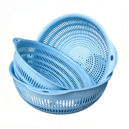 Washing basket, round perforated strainer, washing vegetables and fruits, draining cooked noodles with handle, kitchen food filter basket, plastic filter basket, cooking (3PCS blue)