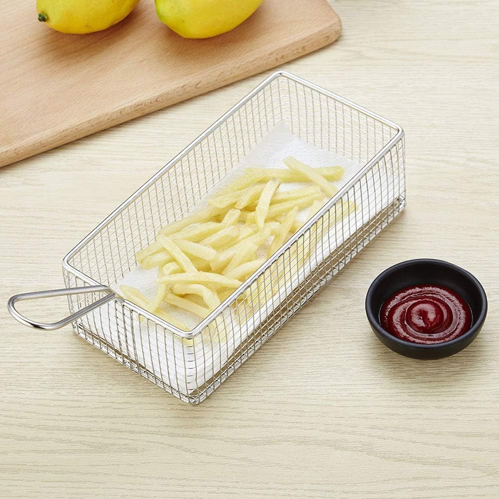 Stainless Steel Colander Strainer Rectangle Mesh Oil Basket French Fries Holder Fried Food Table Serving Drainer Sink for Baking, Pasta, Rice, Flour Vegetable, Tea Sifter