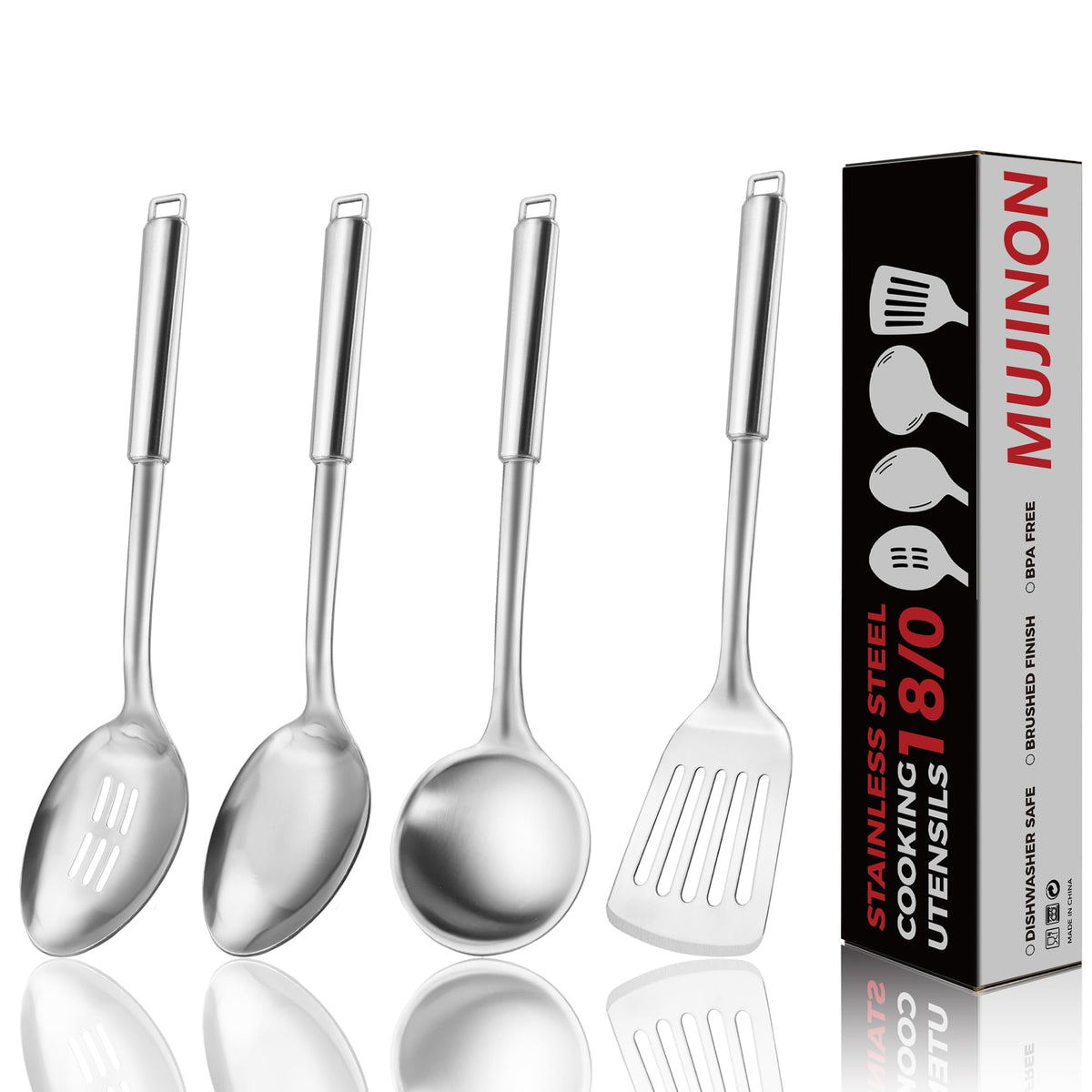 18/0 Stainless Steel Kitchen Cooking Utensil Set, Ergonomic Handle, Dishwasher Safe, Slotted Spoon, Ladle, Turner, Serving Spoon for Housewarming Daily Use Commercial, Pack of 4